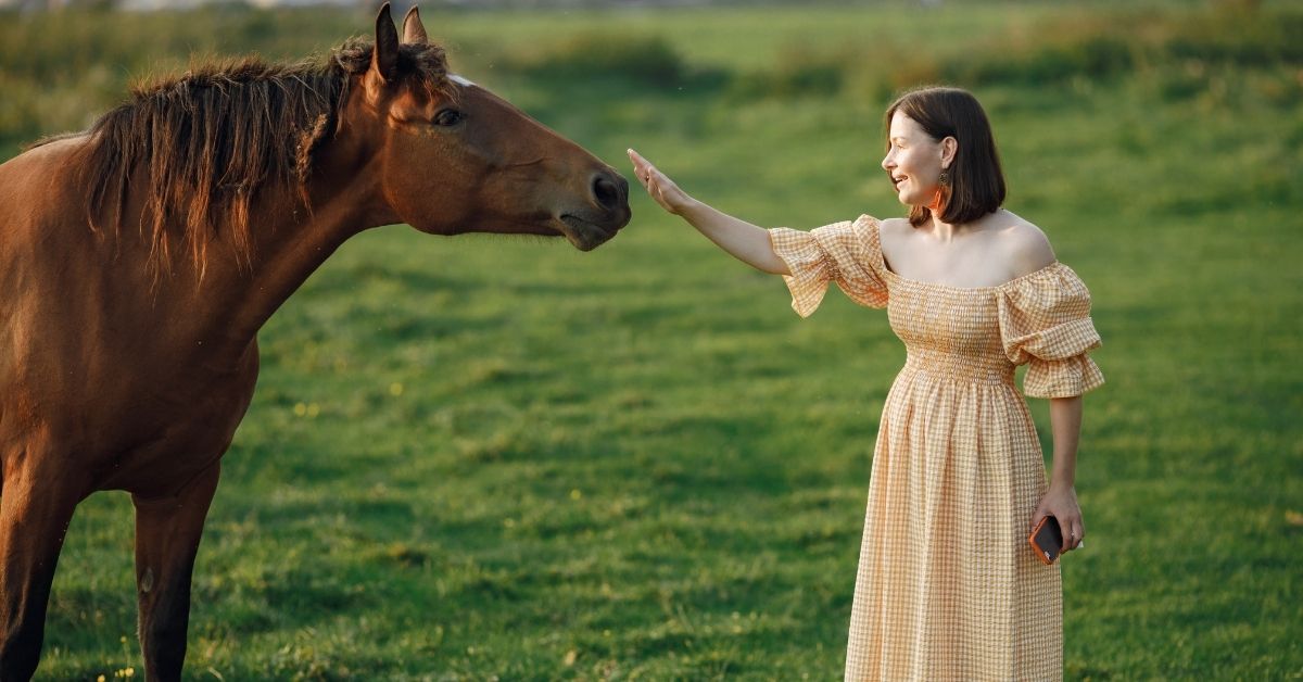 woman in a dress touching the horses head outdoors